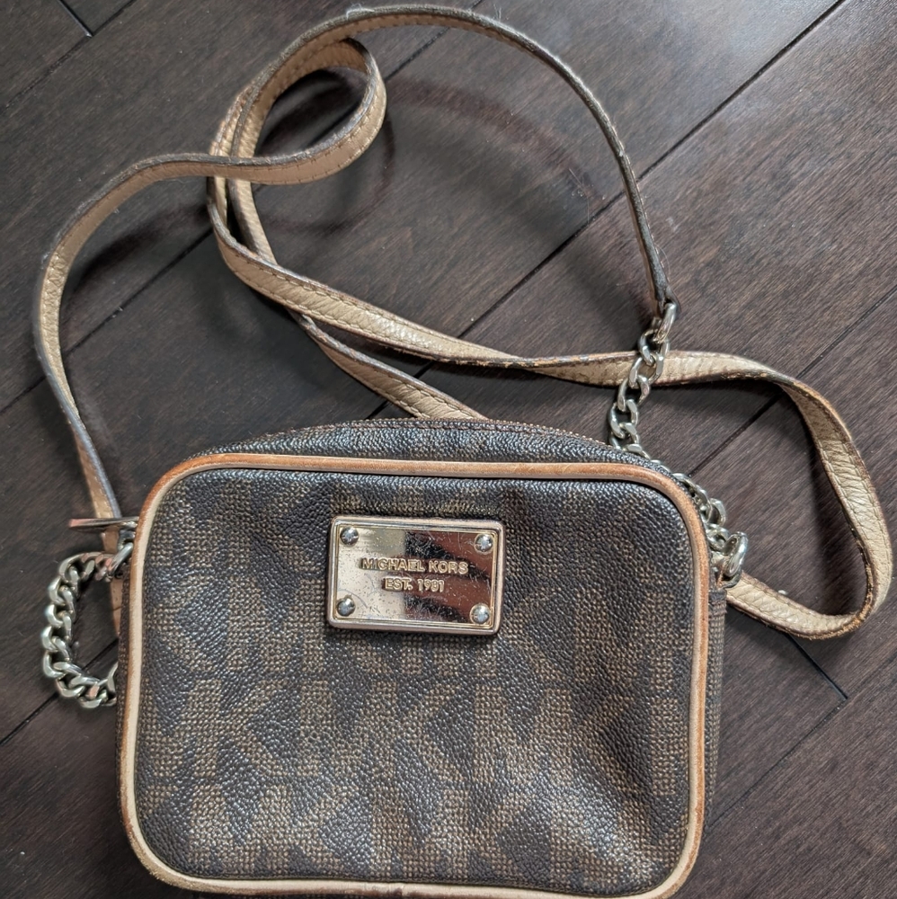 Michael Kors Brown Crossbody Small Bag Gold And Brown Leather Purse With Chain